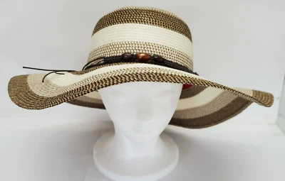 Magid Women's Wide Brim Floppy Sun Hat Woven Paper Straw Beige Brown Stripe NWOT - Image 1 of 4
