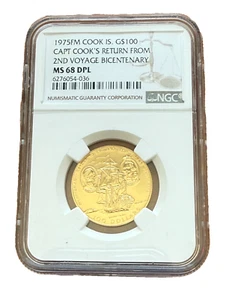 Islas Cook 1975 Oro $100 NGC MS68 DPL El regreso del Capitán Cook del segundo viaje - Imagen 1 de 2