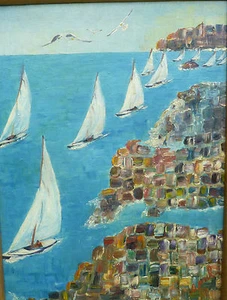 Original OIL Painting SAILBOATS Racing Along SURREAL CUBIST Coast SURREALIST - Imagen 1 de 6