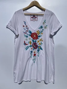 JW Los Angeles Johnny Was Pullover weiß Blumen bestickt Kurzarm Oberteil L - Bild 1 von 10
