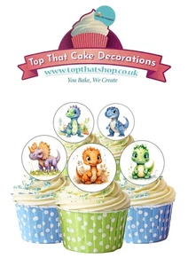 Cake Toppers Cute Baby Dinosaur 24 PRECUT Round Edible Wafer Paper Decorations - Picture 1 of 9