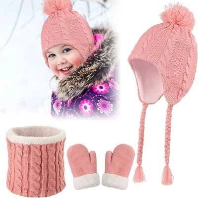 Conjunto de bufanda guantes sombrero pompón para niños para niñas 1-3 años cálido forrado de vellón gorro gorra Foto 1 de 4