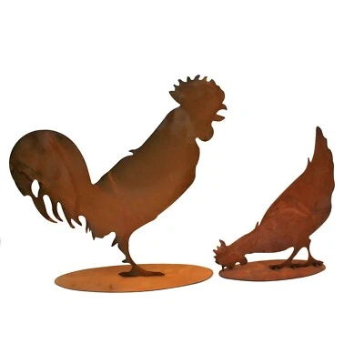 Edelrost Gartendeko Figuren Hahn und Henne im Set | Landhaus Rost Deko Garten  - Bild 1 von 4