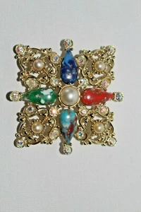 Vintage Sarah Coventry Gold Tone Pearl Rhinestone Gemstone Pin - Picture 1 of 8