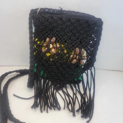 Boho сумочки макраме/вязание крючком бахрома деревянные бусины Y2K черный/желтый/зеленый 9 x 7 через плечо - Изображение 1 из 4
