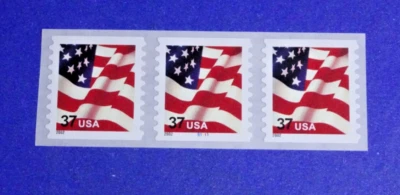 3633 "USA" FLAG (PNC) PLATE# B1111 COIL STRIP OF 3 (37c) STAMPS 2002 DATE - Image 1 of 2