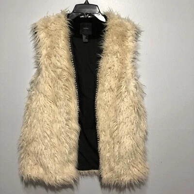 Forever 21 Vest womens large Faux Fur Beige Sweater Cardigan Silver Studded - Image 1 of 4