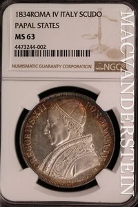 Italy Papal States: 1834 Roma IV Italy Scudo - NGC MS 63 - Scarce +++ #SLU858 - Picture 1 of 2