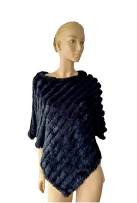 NWT LILLIE RUBIN BLACK RABBIT FUR /ACRYLIC KNIT  PONCHO O/S - Image 1 of 4