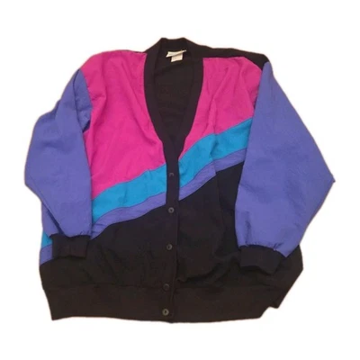 Richard Simmons Jacket Womens 1X Black Blue Purple Color Block Button Up  - Image 1 of 4