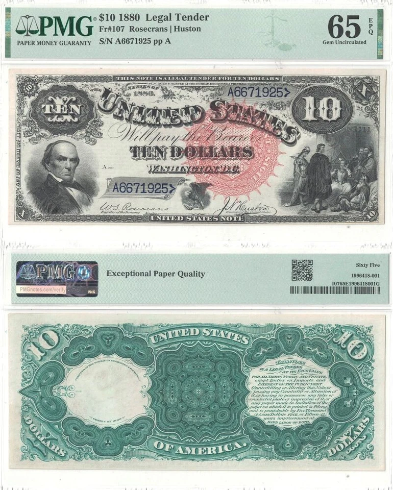 Billete de 10 dólares de 1880 Fr-107 PMG gema CU-65 EPQ Foto 1 de 1