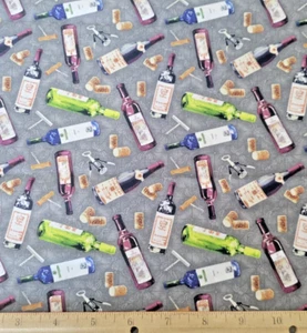 Wine Tasting Corks and Openers Vineyard Cotton Fabric By The Yard  - Picture 1 of 3