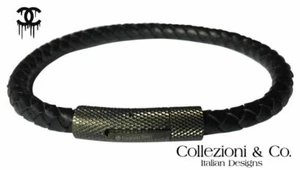 Mens Black Leather Braided Stainless Steel 316L Bracelet 9" Anniversary Gift - Picture 1 of 3