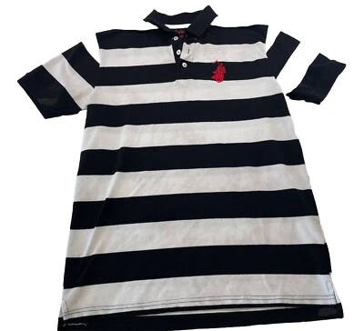 Camisa polo Franky Max para hombre talla negra y blanca a rayas bordada Big Pony Foto 1 de 4
