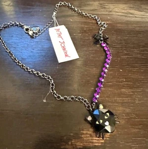 Betsey Johnson Black Cat Necklace With Purple Crystals Pendant NWT - Picture 1 of 13