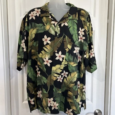 Montego Mon Black Button Down Hawaiian Floral Camp Shirt Top 100% Silk XXL - Image 1 of 4