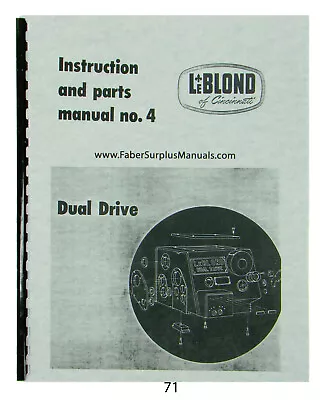 LeBLOND Dual Drive 15" Lathe Instruction, Parts, & Maintenance Manual *71 - Image 1 of 4