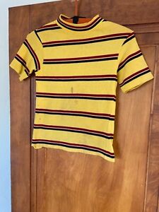 Vintage 50s Robert Bruce Yellow Striped Mock Neck T Shirt Tee XS Small