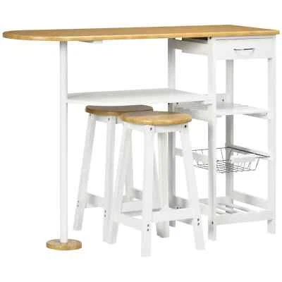 3 Piece Bar Table Set Breakfast Table Stools Storage Shelf Drawer Wine Rack - Image 1 of 4