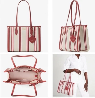 Kate Spade New York Market Stripe Fabric Medium Tote Red Beige Canvas - Image 1 of 4