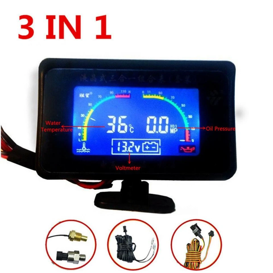 Universal 3IN1 Car LCD Water Temperature/Oil Pressure/Voltage Gauges w/ Sensors - Image 1 of 4
