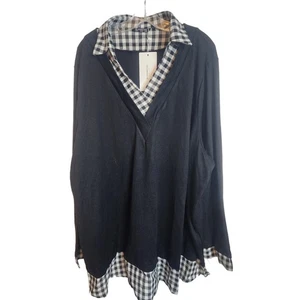 BloomChic Plaid Patchwork Shirt Collar Curved Hem Shirt, Black, NWT, Size 28 - Picture 1 of 6