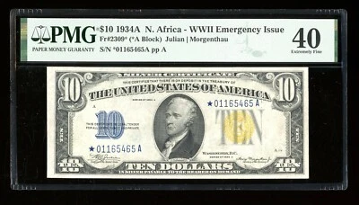 DBR 1934-A $10 North Africa Silver STAR Fr. 2309* PMG XF-40 Serial *01165465A - Image 1 of 2