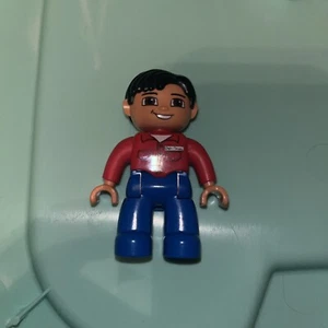 Lego Duplo Minifigure MAN Red Shirt Pockets Name Tag Blue Pants Minifig Figure - Picture 1 of 2