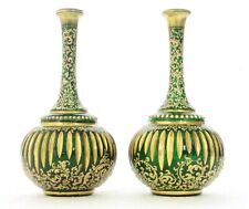 PAIR OF ANTIQUE MOSER BOHEMIAN GREEN GLASS VASES SUPERB RAISED GILDING JEWELLING