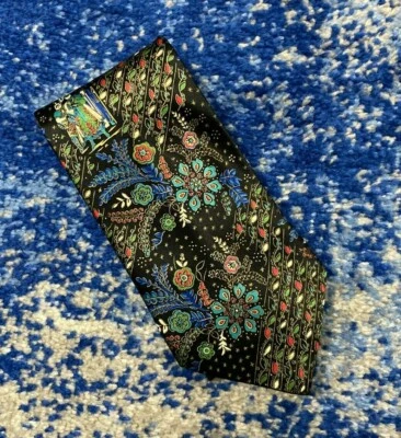 Винтажный Brioni азиатский цветочный воин черный синий зеленый Aqua золото шелковый галстук РЕДКАЯ - Изображение 1 из 4