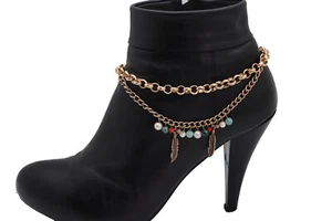 Mujeres Oro Oxidado Metal Cadena Botas Pulsera Zapato Pluma Dije Cuentas Turquesa - Imagen 1 de 24