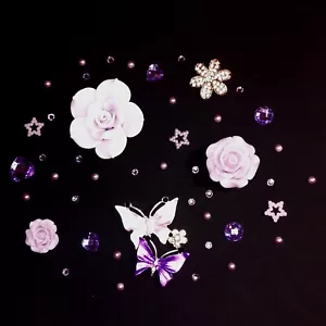 Cell Phone Case Decorations, Cabochon, Purple Roses, Butterflies, Gems, Girl - Picture 1 of 9
