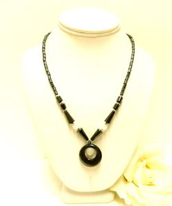 HEMATITE & WHITE CAT'S EYE GLASS EYE FASHION PENDANT NECKLACE 19" - Picture 1 of 7
