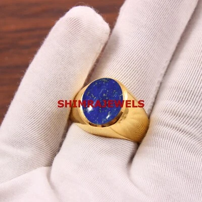 天然拉皮斯拉祖里宝石镀金 925 纯银男士戒指 #1042 — 第 1/4 张图片