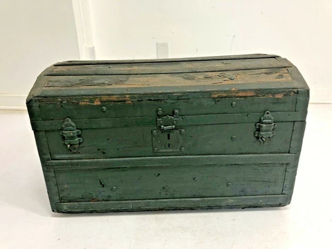 Vintage STEAMER TRUNK wood storage chest camelback humpback green antique box PA Cover