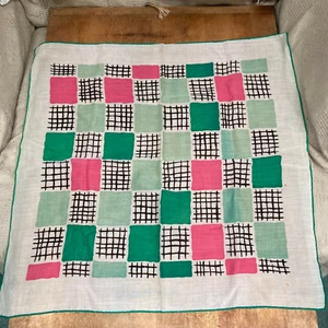 Vintage 50s 60s Pink Green Colored Square Cross Hatch Handkerchief Hankie - Picture 1 of 7