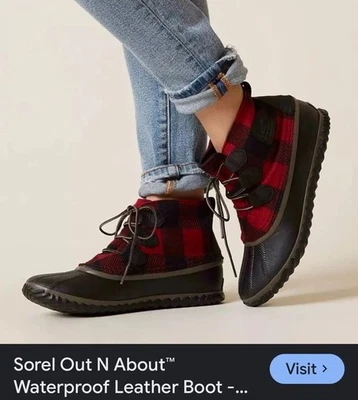 Bota Sorel Out-N-About para Mujer Talla 8, Impermeable Negra Goma Roja Buffalo Cuadros Foto 1 de 4