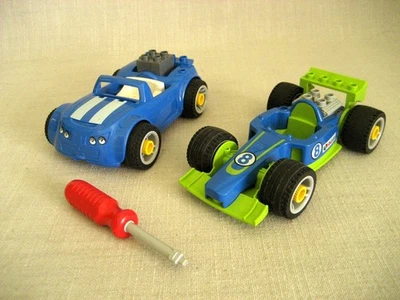 Duplo Toolo 2 Car Lot, Lime Formula Car, Blue Car, Red Handled Toolo Screwdriver - Image 1 of 4