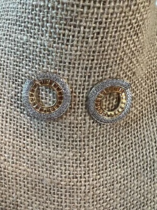 Sterling Silver Gold Vermeil Sideways Hoop Earrings Pierced Front Back Round 1" - Picture 1 of 4