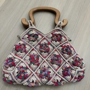 Ricardo Beverly Hills Handbag Woven Wood Handles Lined Top Zip Purse Floral RARE - Picture 1 of 20