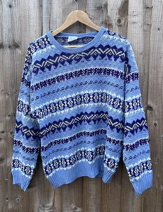 Made in Ireland Blue Patterned Acrylic Wool Blend Cardigan Jumper - Large - Picture 1 of 19
