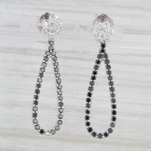 1.20ctw Black White Diamond Flower Teardrop Dangle Earrings 18k White Gold - Picture 1 of 6