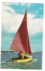 PARKESTONE DOLPHIN SAILBOAT  Red Sail 3 Men Yellow Boat On Water Postcard - Picture 1 of 2