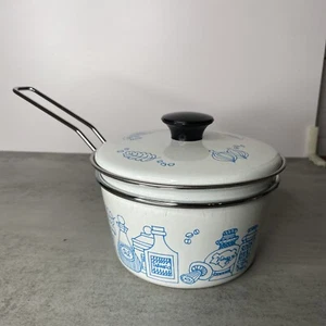Cacerola vintage esmaltada Cera-Met olla de 1 cuarto blanca con dibujos azules retro años 60/70 - Imagen 1 de 11