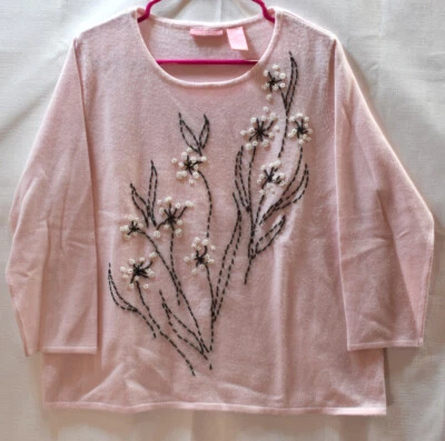 Pink Embroidered Beaded Pullover Sweater by Fashion Classics Mid Century Size XL - Image 1 of 4