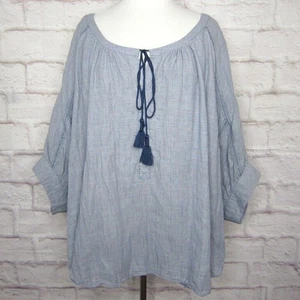 Lane Bryant Blue Striped Embroidered Tassel Tie Dolman Sleeve Blouse size 18/20 - Picture 1 of 7