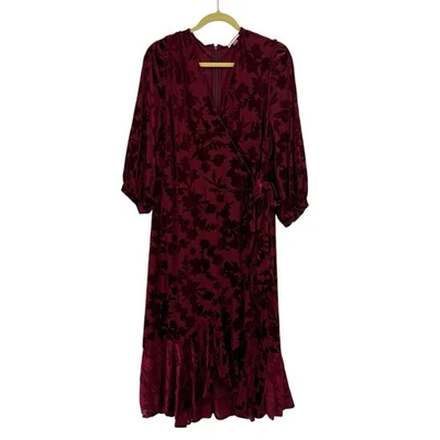 Calvin Klein Elegant Velvet Burnout Ruby Red Faux Wrap Dress 20W Ruffle Hem - Image 1 of 4
