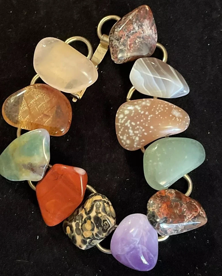 Unique Artisan Multistone Bracelet. Gold Tone. Size 6.8” - Image 1 of 4