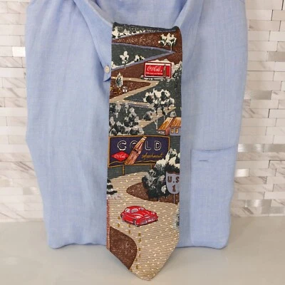 Coca Cola Neck Tie Mens Green Brown Silk Nature Landscape Road Art Wide USA - Image 1 of 4