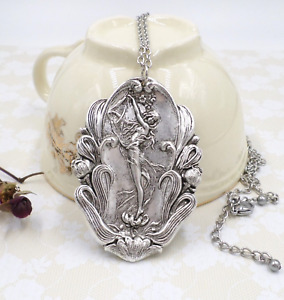Goddess Necklace, Antique Silver Plated Brass Nymph Fairy Pendant, Cottagecore